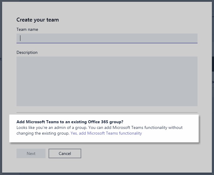Creating a "team" in Microsoft Teams