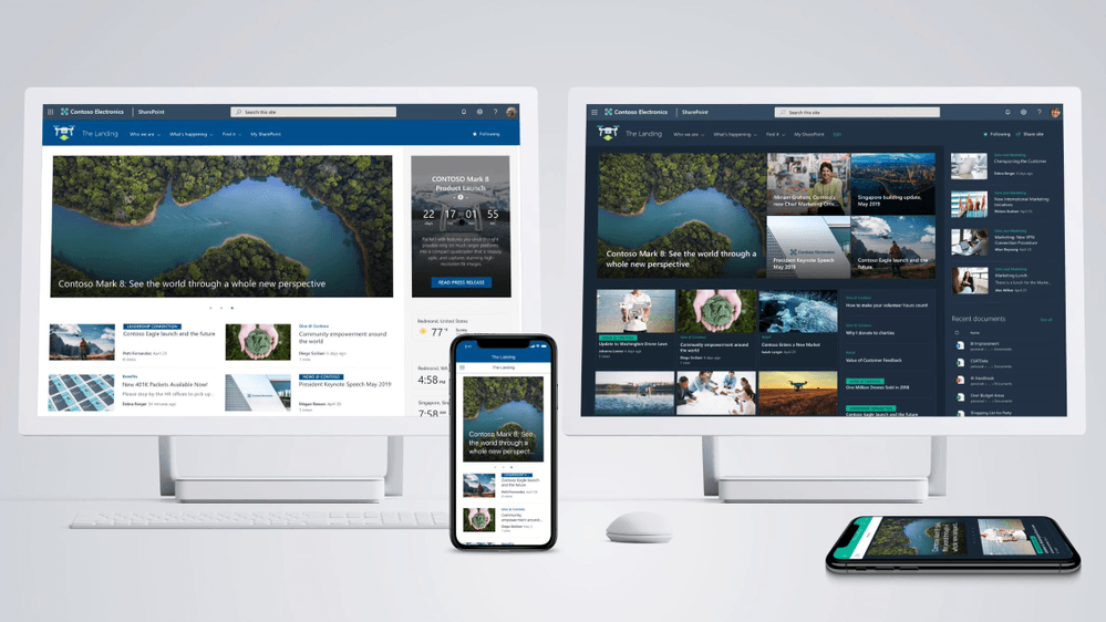 Screenshots of the modern SharePoint UI in SharePoint 2019